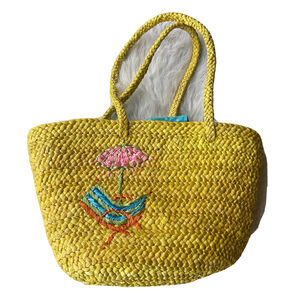 QVC Beach Tote Bag Quacker Factory Corn Husk Embroidered Polka Dot Lined NWT